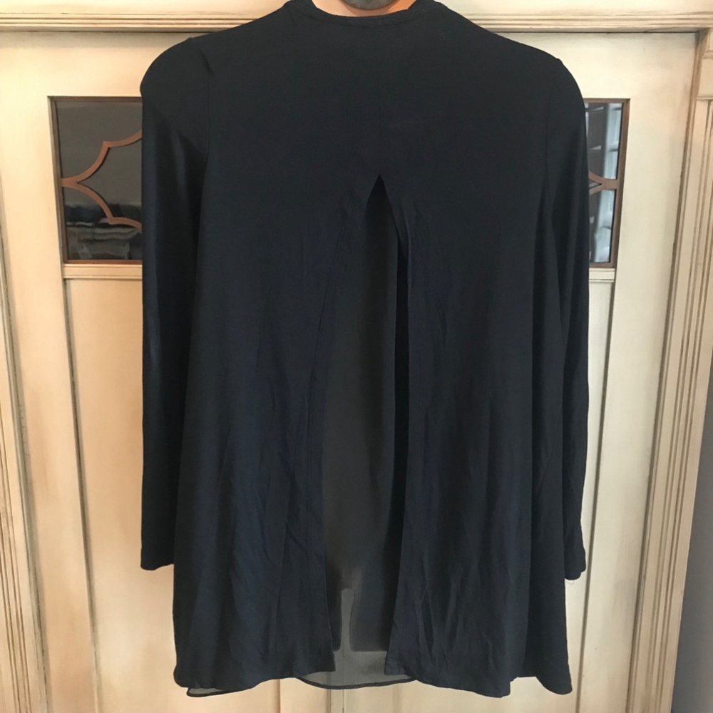 VGUC Logo By Laurie Goldstein Black Open Front Cardigan with Chiffon Sheer Back - Picture 4 of 10